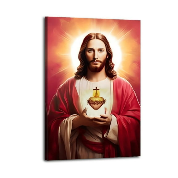 Sacred Heart Jesus Painting God Poster Wrapped Wooden Frame Wall Decor,,Canvas Wall Art for Living Room,Bedroom,Office,Ready to Hang