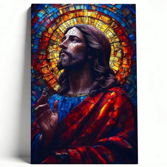 Sacred Heart of Jesus Stained Glass Style Painting Premium Matte Canvas - Spiritual Christian Faux Glass Mosaic Wall Art for Living Room, Chapel, or Prayer Room Decor 8*12