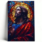 Sacred Heart of Jesus Stained Glass Style Painting Premium Matte Canvas - Spiritual Christian Faux Glass Mosaic Wall Art for Living Room, Chapel, or Prayer Room Decor 8*12