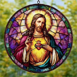 Sacred Heart Jesus Suncatcher, Catholic Religious Gift, Faux Glass Window Hanging, Baptism Present, Memorial Faux Glass, Suncatcher Window Hanging, 7.9 in