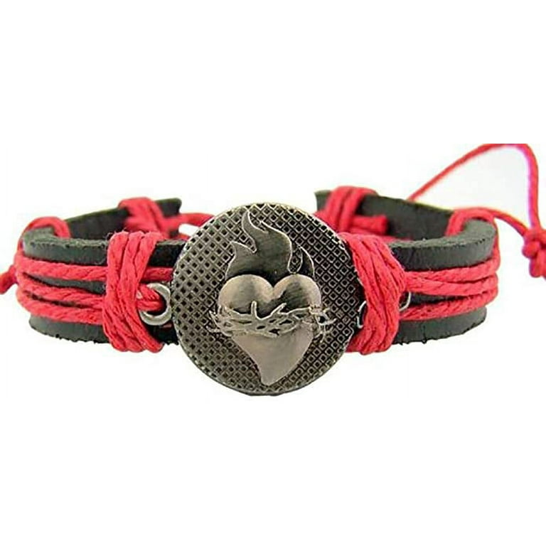 Sacred Heart Medal 8 Inch Adjustable Leather Bracelet Christian Jewelry for  Men Women Teens