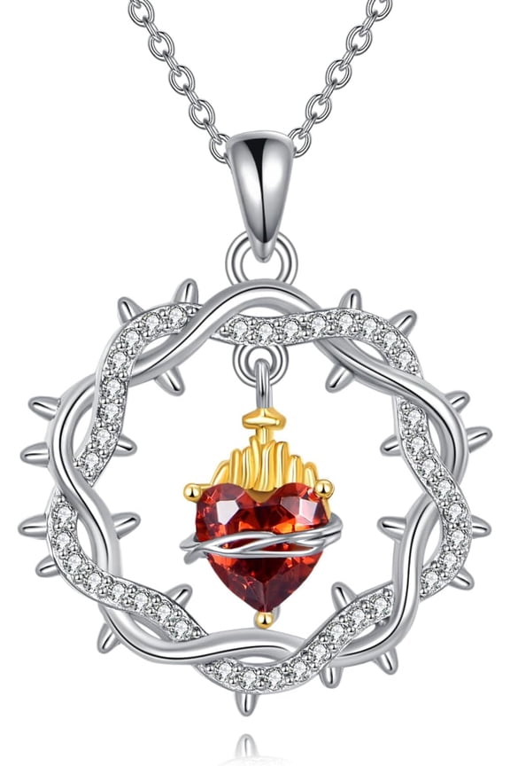 Sacred Heart Necklace 925 Sterling Silver Thorns Cross Pendant God's Love Jewelry-Flaming Heart Amulet Gifts for Women