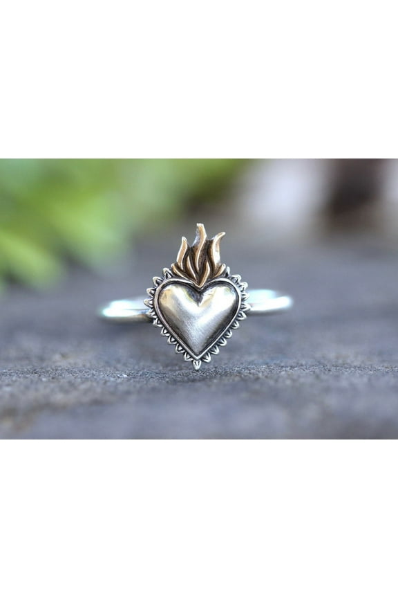 Sacred Heart Ring Sacred Heart Jewelry Heart Milagro Ring Flaming Heart Ring