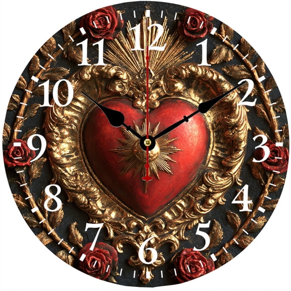 Sacred Heart Wall Clock 9.84 Inch, Christian Religious Analog Clock, Battery Operated Gothic Rose Decor for Living Room Bedroom Prayer Room
