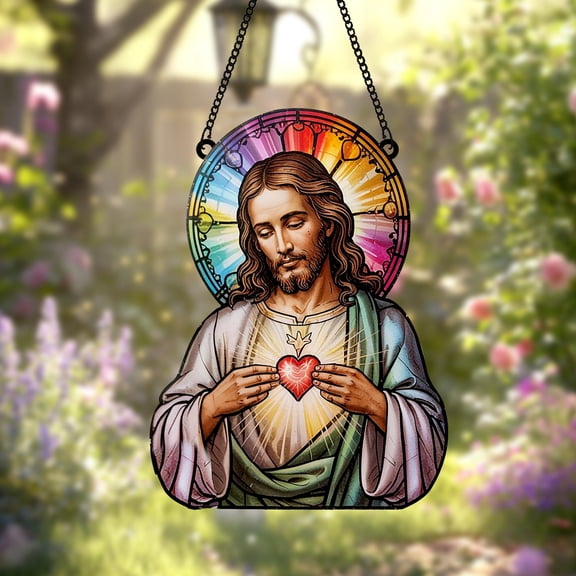Sacred Heart of Jesus Acrylic Suncatcher fullxfull Rainbow Halo Religious Window Hanging, Catholic Christian Decor for Prayer Room or Gift