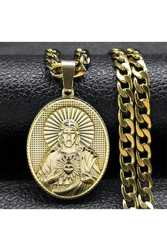 Sacred Heart of Jesus Catholic Necklace for Women Men 14K Yellow Gold Medal Pendant Necklaces Jewelry Gift D038