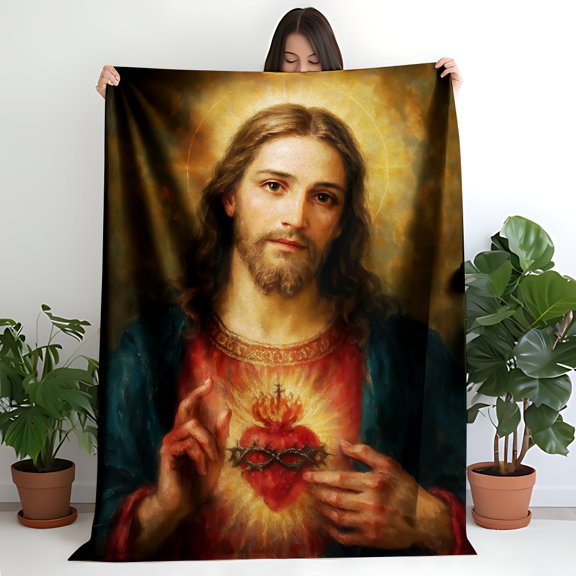 Sacred Heart of Jesus Flannel Blanket - Crowned with Thorns, Radiant Love for Faithful Homes
