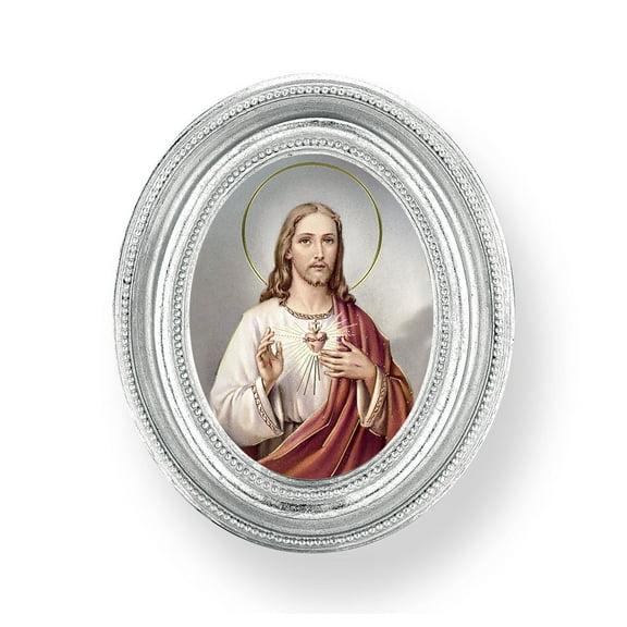 Sacred Heart of Jesus Picture Framed Print Small, Oval Silver-Leaf Frame