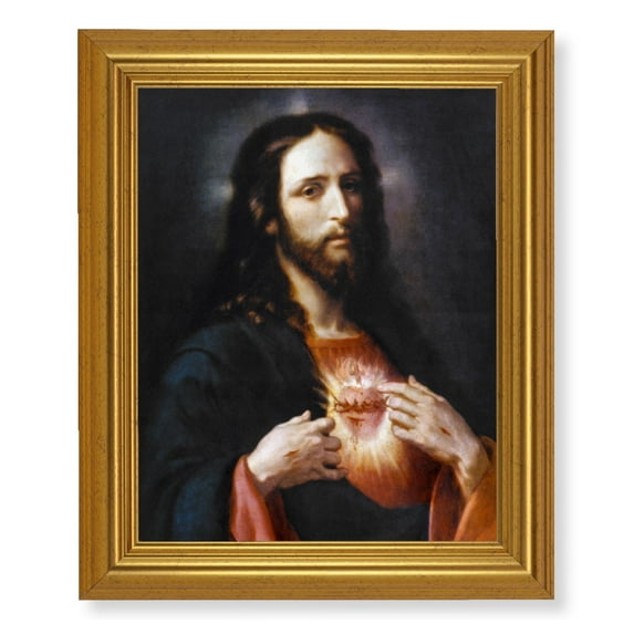 Sacred Heart of Jesus Picture Framed Wall Art Decor, Large, Antique Gold-Leaf Classic Frame