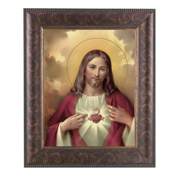 Sacred Heart of Jesus Picture Framed Wall Art Decor Large, Antique Gold and Expresso Decorated Frame with Beveled Edge and Gold Lip