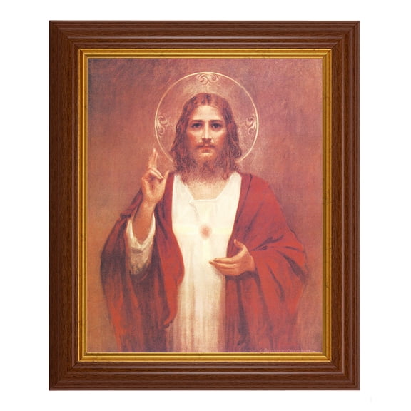 Sacred Heart of Jesus Picture Framed Wall Art Decor, Large, Traditional Dark Walnut Fluted Frame with Gold Beaded Lip