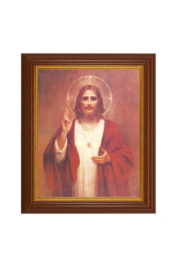 Sacred Heart of Jesus Picture Framed Wall Art Decor, Large, Traditional Dark Walnut Fluted Frame with Gold Beaded Lip