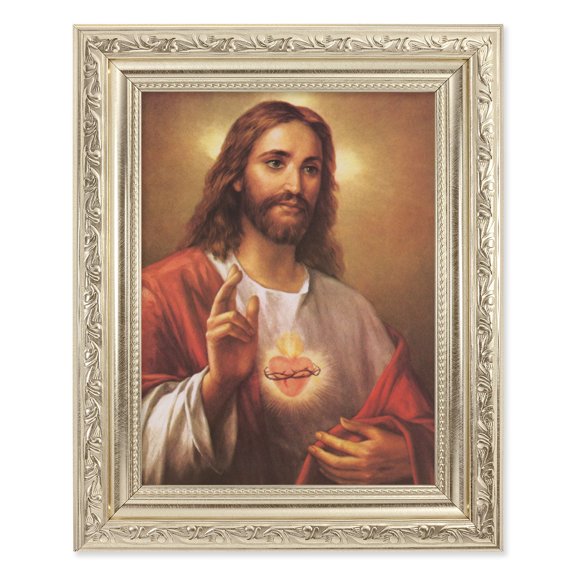 Sacred Heart of Jesus Picture Framed Wall Art Decor, Medium, Antique Silver Finished Frame with Acanthus-Leaf Detail
