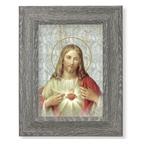 Sacred Heart of Jesus Picture Framed Wall Art Decor Small, Dark Gray Weathered Oak Finish Frame