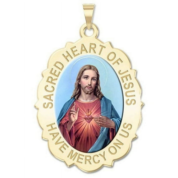 PicturesOnGold.com Sacred Heart of Jesus Scalloped Religious Medal Color - 3/4 inch X 1 inch, Solid 14K Yellow Gold
