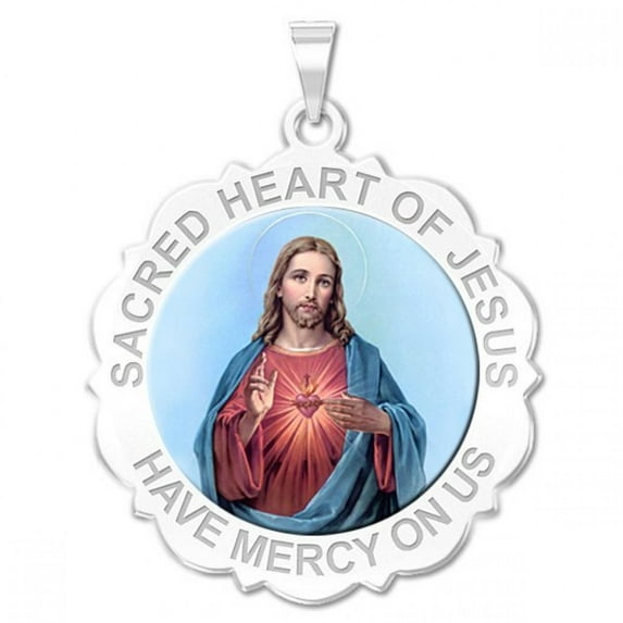 Sacred Heart of Jesus Scalloped Religious Medal Color - 3/4 inch Size of a Nickel -Solid 14K White Gold