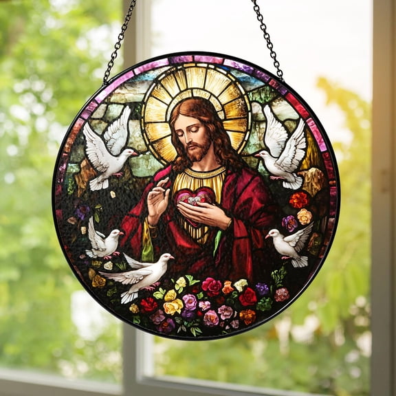 Sacred Heart of Jesus Stained Glass Suncatcher Window Hanging Religious Glass Panel Christian Catholic Home Church Decor