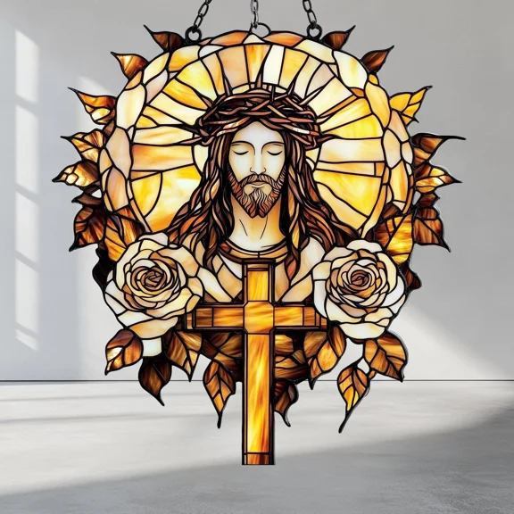 Sacred Jesus Acrylic Suncatcher Cross Rosary Window Hanging Christian Memorial