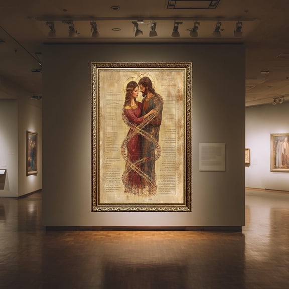Sacred Lovers Print Jesus And Mary Magdalene Embrace Spiritual Art DNA Infinity Symbol Religious Home Decor Wall Art, Unframed Paper Poster 8x10in