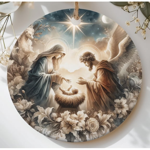 Sacred Nativity Scene Christmas Ornament Holy Family Religious Keepsake Christian Home Decor Baby Jesus Mary Joseph Gift 2D FLAT Ceramic Ornament