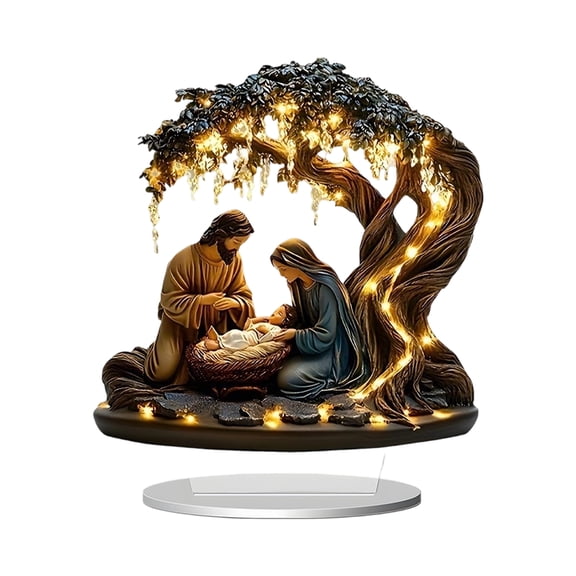 Sacred Nativity Scene Under Tree Resin Sculpture Decoration with LED Lighted for Christmas Home Tabletop Decors Ornament