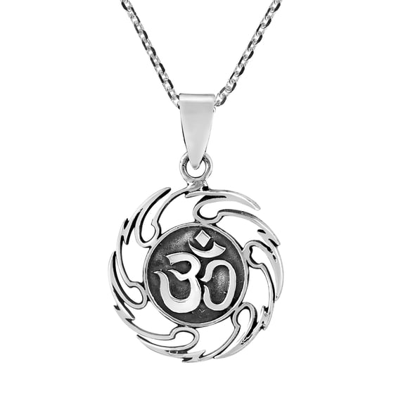Sacred Om or Aum Symbol in Flaming Frame Sterling Silver Pendant Necklace