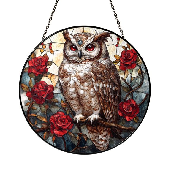Sacred Pearl Horned Owl and Blooming Roses Garden Suncatcher Decor