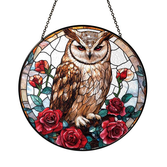 Sacred Pearl Horned Owl and Blooming Roses Garden Suncatcher Glass