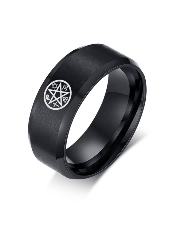 Sacred Pentacle Pentagram Jewelry - Religious Multi-faith Amulets Black Matte Finger Ring - Star of David Cross Triquetra Yin Yang Om Symbol Plain Band for Men Women, #12