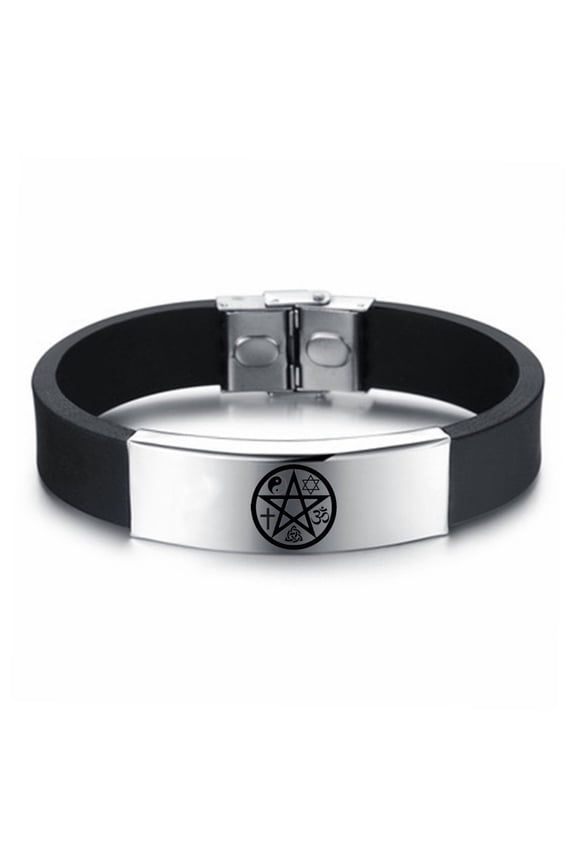 Sacred Pentacle Symbol Silicone Bracelet with Stainless Steel Buckle, Multi-faith Cross Star of David Triquetra Yin Yang Om Mysteries Bangle Wristband Religious Amulet Gifts, 8.66''