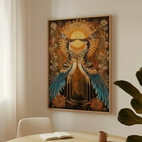 Sacred Roadrunners Art Print – Southwestern Folk Wall Decor, Sun And Nature Mystical Desert Bird Artwork Wall Art, Modern Wall Decor, 8x12 UNFRAMED