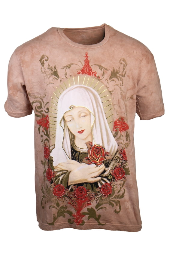 Sacred Rose Men's Graphic Tee Featuring Virgin Mary Design, Beige Large