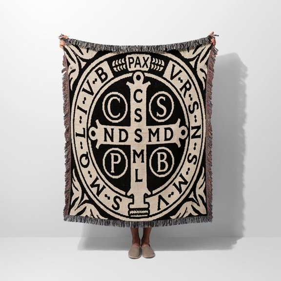 Sacred Saint Benedict Medal Christian Woven Throw Blanket, 100% Cotton, Fringed Edges