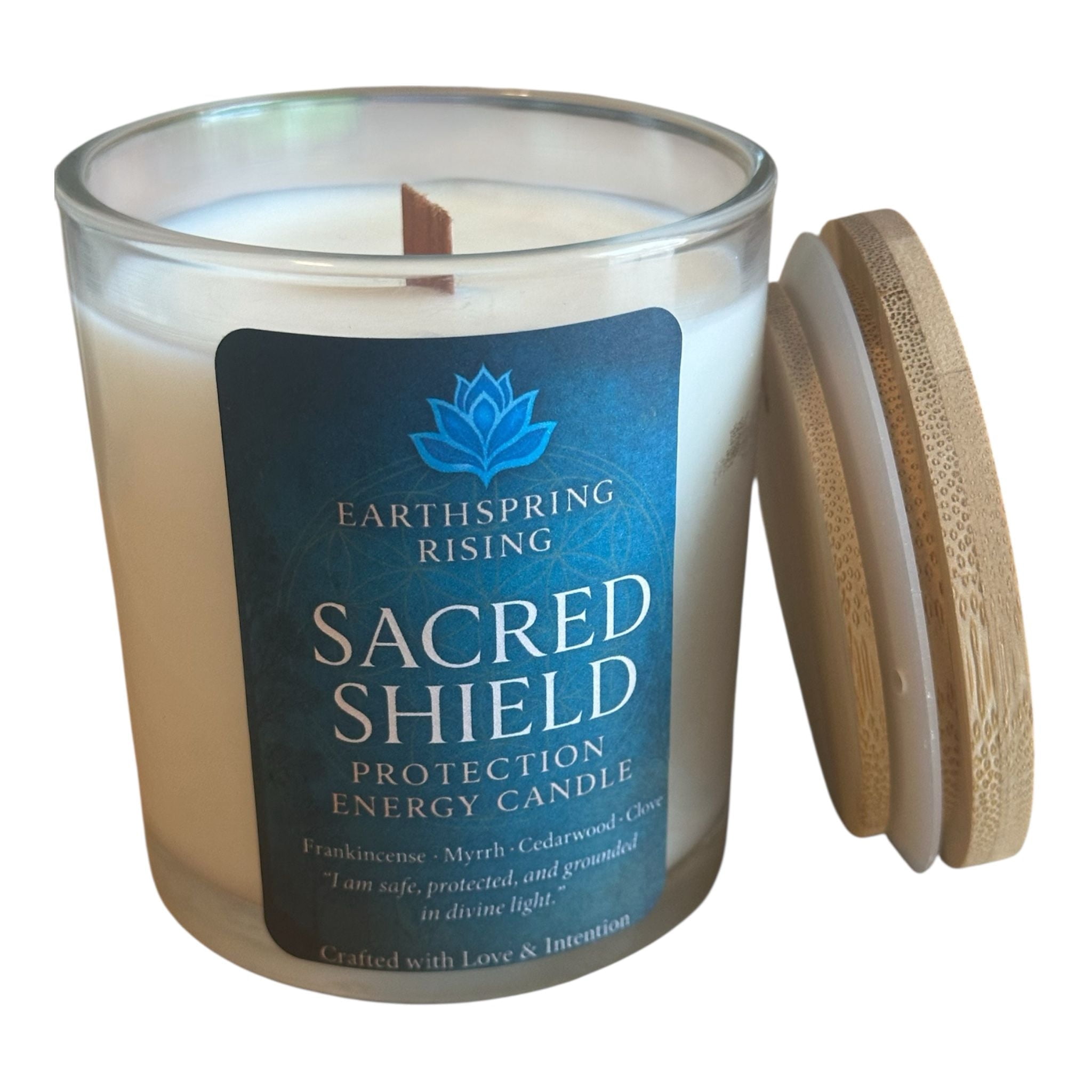 Sacred Shield Candle – Frankincense, Myrrh, Cedarwood & Clove | 10oz Soy Wax Wood Wick Candle with Wood Lid | 50-Hour Burn | Energy Protection & Grounding