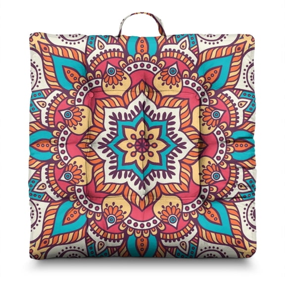 Sacred Symbolic Meditation Seat Oversized Floor Pillow with Traditional Mandala Art, Full & Fluffy PP Cotton Filling