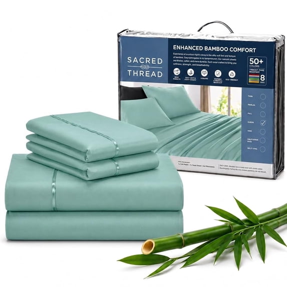 Sacred Thread Rayon Derived from Bamboo Sheets ,4-Piece Set, 1 Flat Sheet, 1 Fitted Sheet, 2 Pillowcases