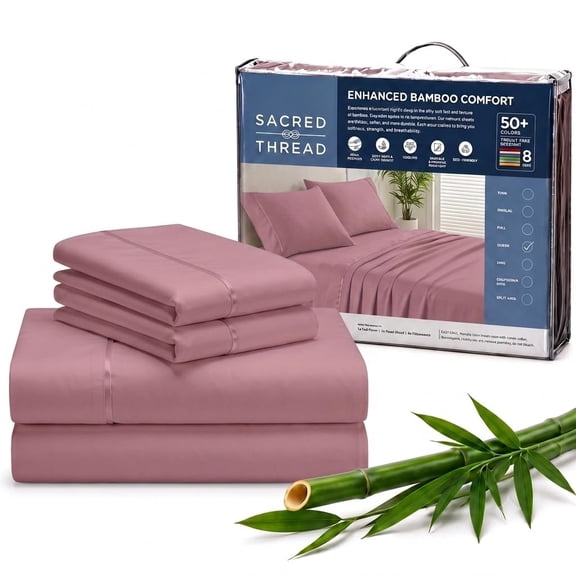 Sacred Thread Rayon Derived from Bamboo Sheets ,4-Piece Set, 1 Flat Sheet, 1 Fitted Sheet, 2 Pillowcases