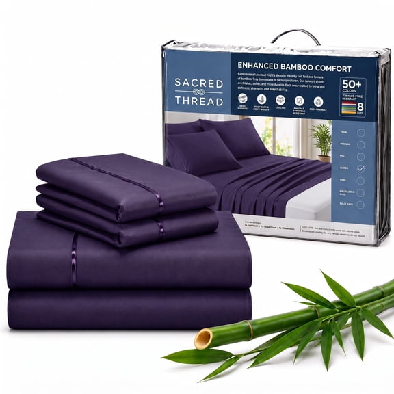 Sacred Thread Rayon Derived from Bamboo Sheets ,4-Piece Set, 1 Flat Sheet, 1 Fitted Sheet, 2 Pillowcases