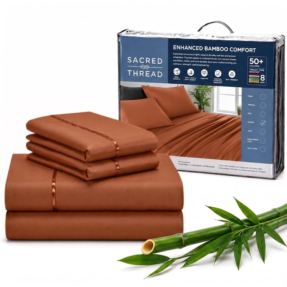 Sacred Thread Rayon Derived from Bamboo Sheets ,4-Piece Set, 1 Flat Sheet, 1 Fitted Sheet, 2 Pillowcases