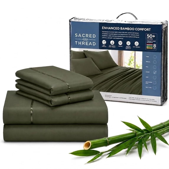 Sacred Thread Rayon Derived from Bamboo Sheets ,4-Piece Set, 1 Flat Sheet, 1 Fitted Sheet, 2 Pillowcases