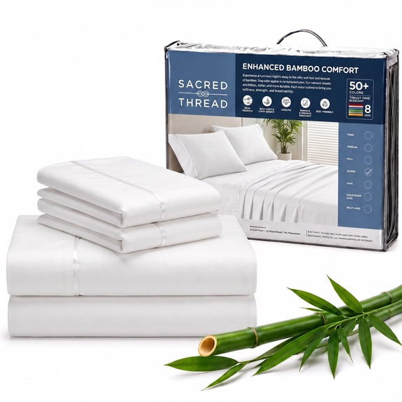 Sacred Thread Rayon Derived from Bamboo Sheets ,4-Piece Set, 1 Flat Sheet, 1 Fitted Sheet, 2 Pillowcases