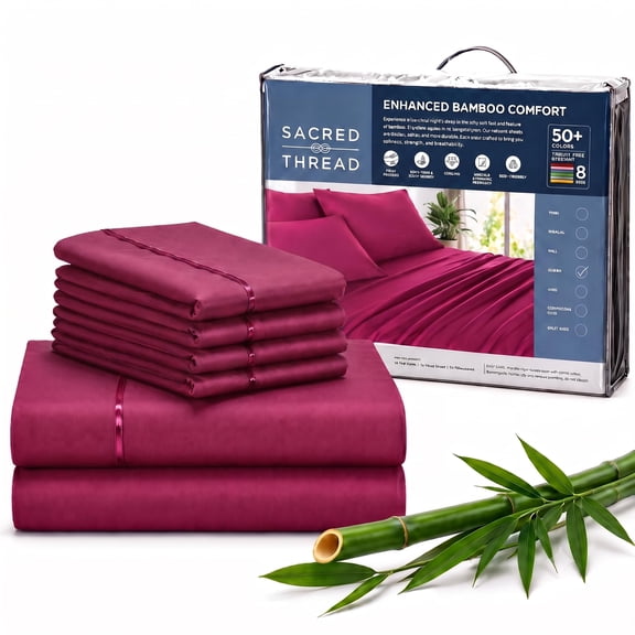 Sacred Thread Rayon Derived from Bamboo Sheets ,6-Piece Set, 1 Flat Sheet, 1 Fitted Sheet, 4 Pillowcases