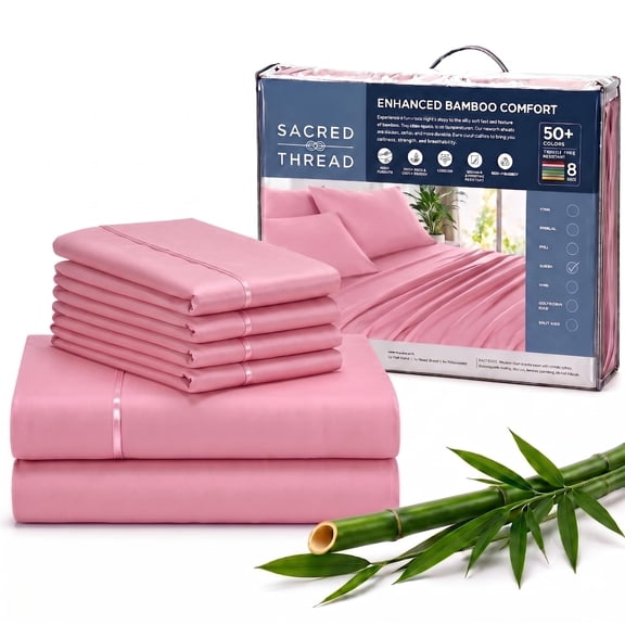 Sacred Thread Rayon Derived from Bamboo Sheets ,6-Piece Set, 1 Flat Sheet, 1 Fitted Sheet, 4 Pillowcases