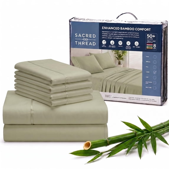 Sacred Thread Rayon Derived from Bamboo Sheets ,6-Piece Set, 1 Flat Sheet, 1 Fitted Sheet, 4 Pillowcases