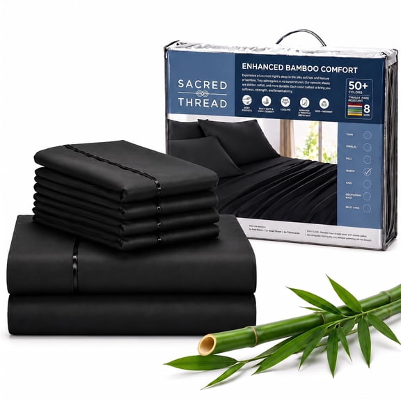 Sacred Thread Rayon Derived from Bamboo Sheets ,6-Piece Set, 1 Flat Sheet, 1 Fitted Sheet, 4 Pillowcases