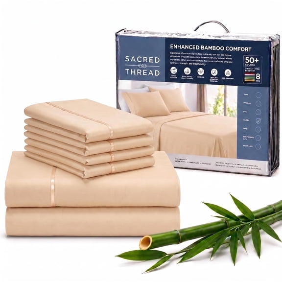 Sacred Thread Rayon Derived from Bamboo Sheets ,6-Piece Set, 1 Flat Sheet, 1 Fitted Sheet, 4 Pillowcases