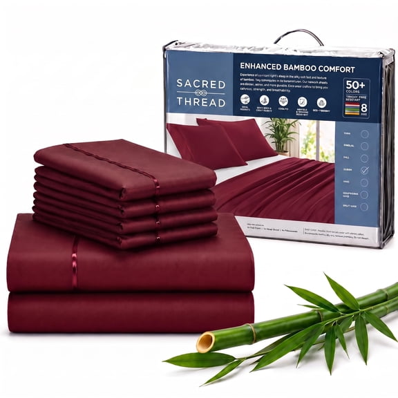 Sacred Thread Rayon Derived from Bamboo Sheets ,6-Piece Set, 1 Flat Sheet, 1 Fitted Sheet, 4 Pillowcases