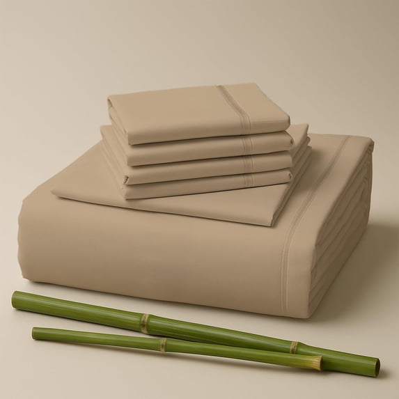 Sacred Thread Rayon Derived from Bamboo Sheets Split King Size, 18'' Deep Pocket Cooling Sheets for Hot Sleepers, 7 PC Cooling Sheets (Split King Size) (Light Khaki)
