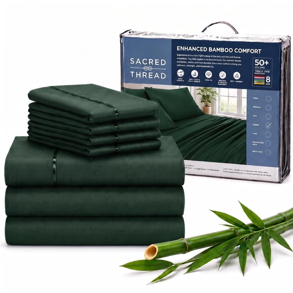 Sacred Thread Rayon Derived from Bamboo Sheets ,7-Piece Set, 1 Flat Sheet, 2 Fitted Sheet, 4 Pillowcases