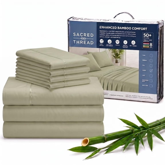 Sacred Thread Rayon Derived from Bamboo Sheets ,7-Piece Set, 1 Flat Sheet, 2 Fitted Sheet, 4 Pillowcases